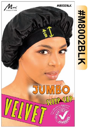 "Jumbo Velvet Sleep Cap in Black (#M8002BLK) - Wide Band Design for Hair Protection."
