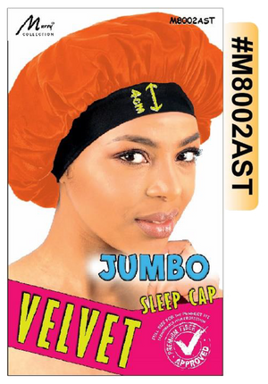 "Jumbo Velvet Sleep Cap in Assorted Colors (#M8002AST) - Wide Band Design for Hair Protection."