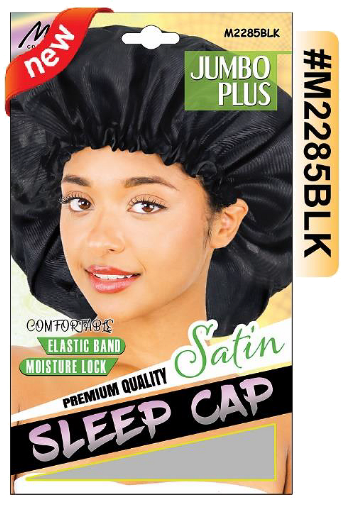 "Jumbo Plus Satin Sleep Cap in Black (#M2285BLK) with Elastic Band, Premium Quality."