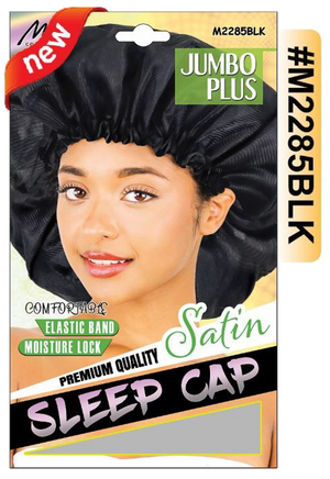"Jumbo Plus Satin Sleep Cap in Black (#M2285BLK) with Elastic Band, Premium Quality."