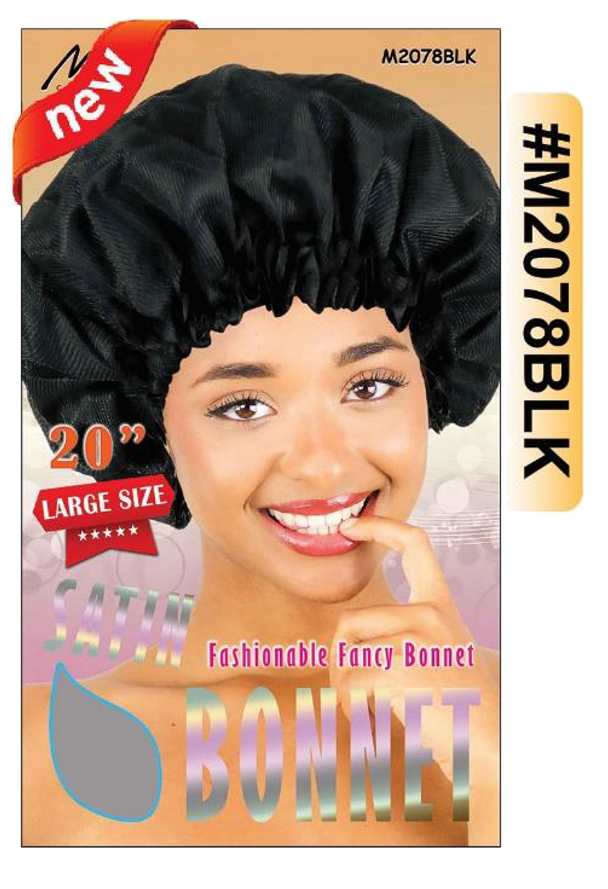 "Satin Fancy Bonnet in Black (#M2078BLK) - Large Size 20-Inch, Premium Satin Hair Protection."