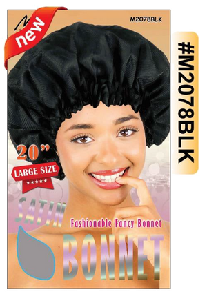 "Satin Fancy Bonnet in Black (#M2078BLK) - Large Size 20-Inch, Premium Satin Hair Protection."