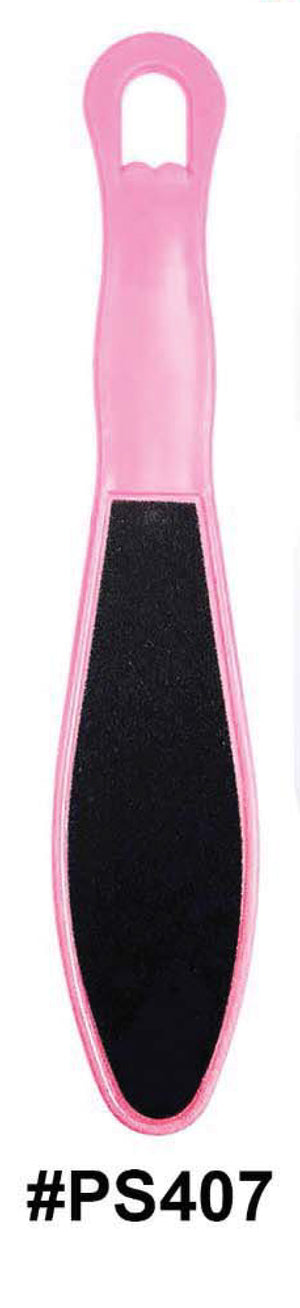 Pink foot file with black sanding surface on a white background