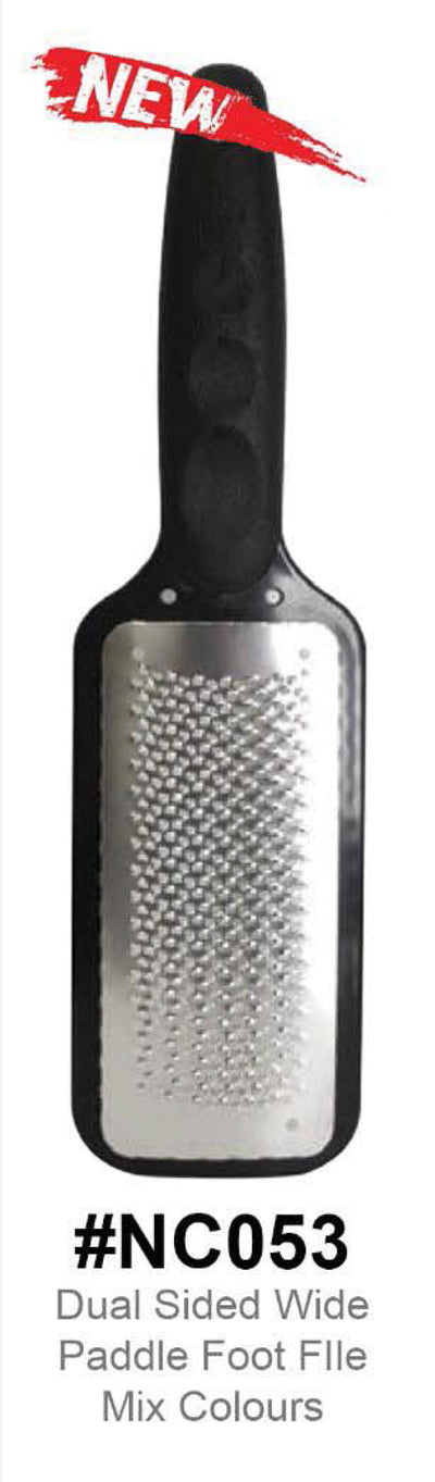 Dual-sided wide paddle foot file with black handle and metallic surface, labeled 'NEW' and '#NC053'.