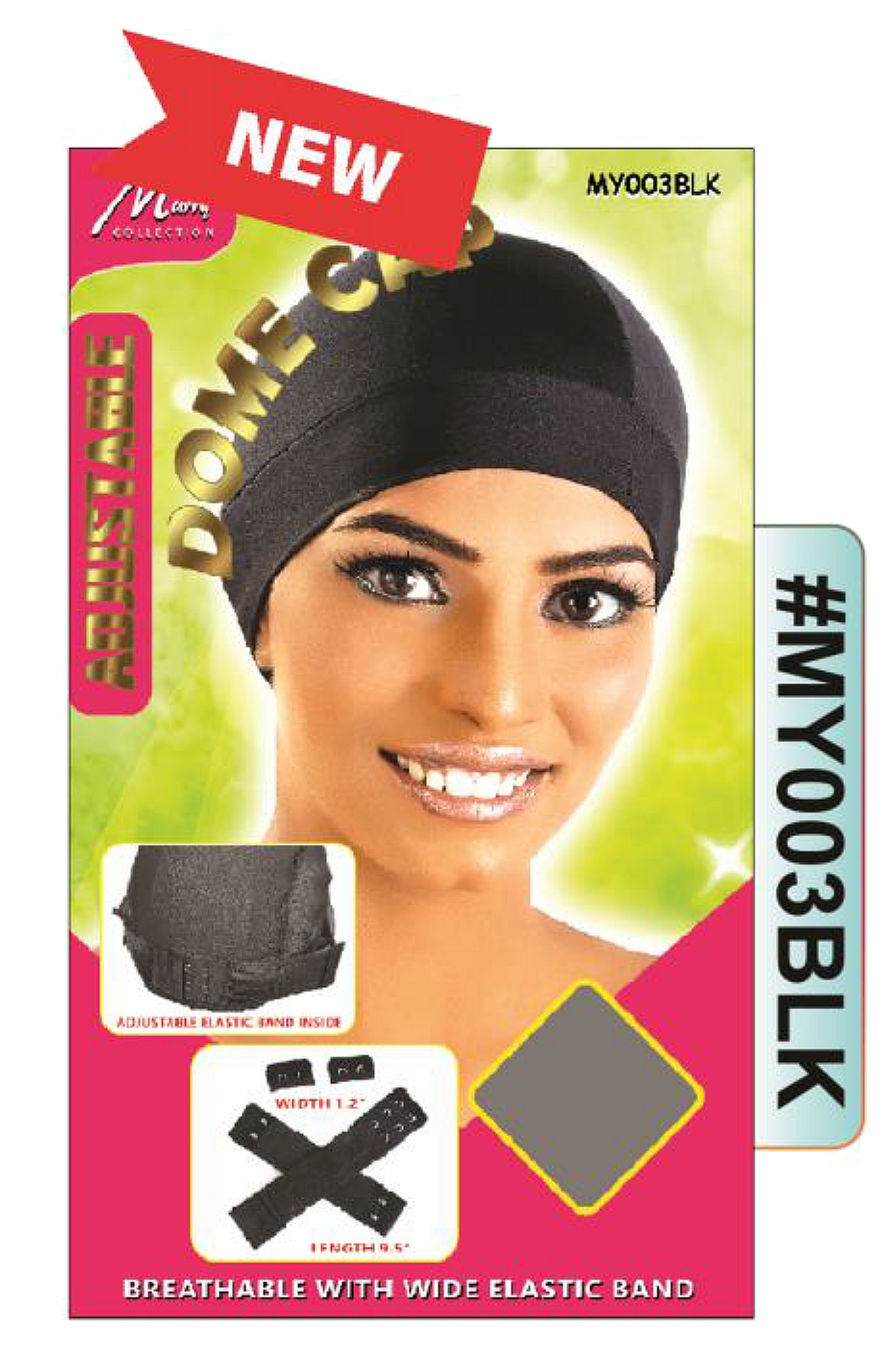 "Adjustable Dome Cap in Black (#MY003BLK) - Wide Elastic Band with Adjustable Strap, Breathable and Comfortable."