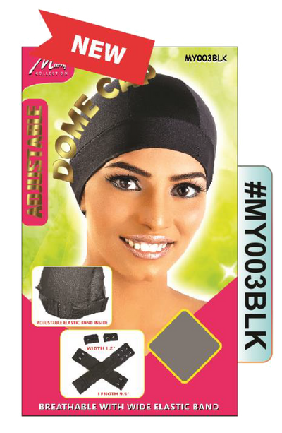 "Adjustable Dome Cap in Black (#MY003BLK) - Wide Elastic Band with Adjustable Strap, Breathable and Comfortable."