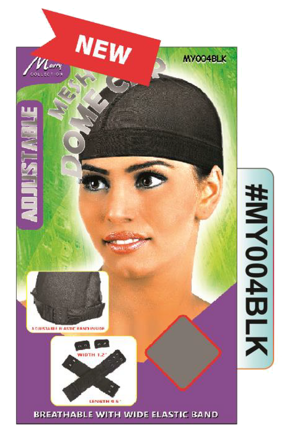 "Adjustable Mesh Dome Cap in Black (#MY004BLK) - Wide Elastic Band with Breathable Mesh Design."