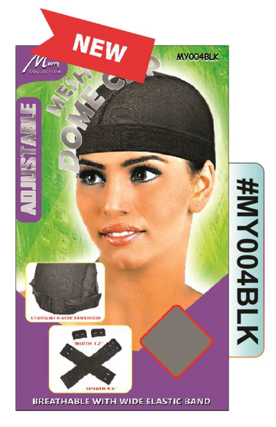 "Adjustable Mesh Dome Cap in Black (#MY004BLK) - Wide Elastic Band with Breathable Mesh Design."