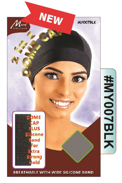 "2-in-1 Dome Cap with Silicone Band in Black (#MY007BLK) - Wide Elastic Silicone Band for Secure Fit and Strong Hold."