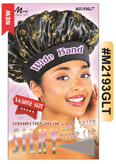 "Wide Band Silky Sleep Cap in Golden Patterned Black (#M2193GLT) - X-Large Size, Soft Satin Material, Unisex Design."