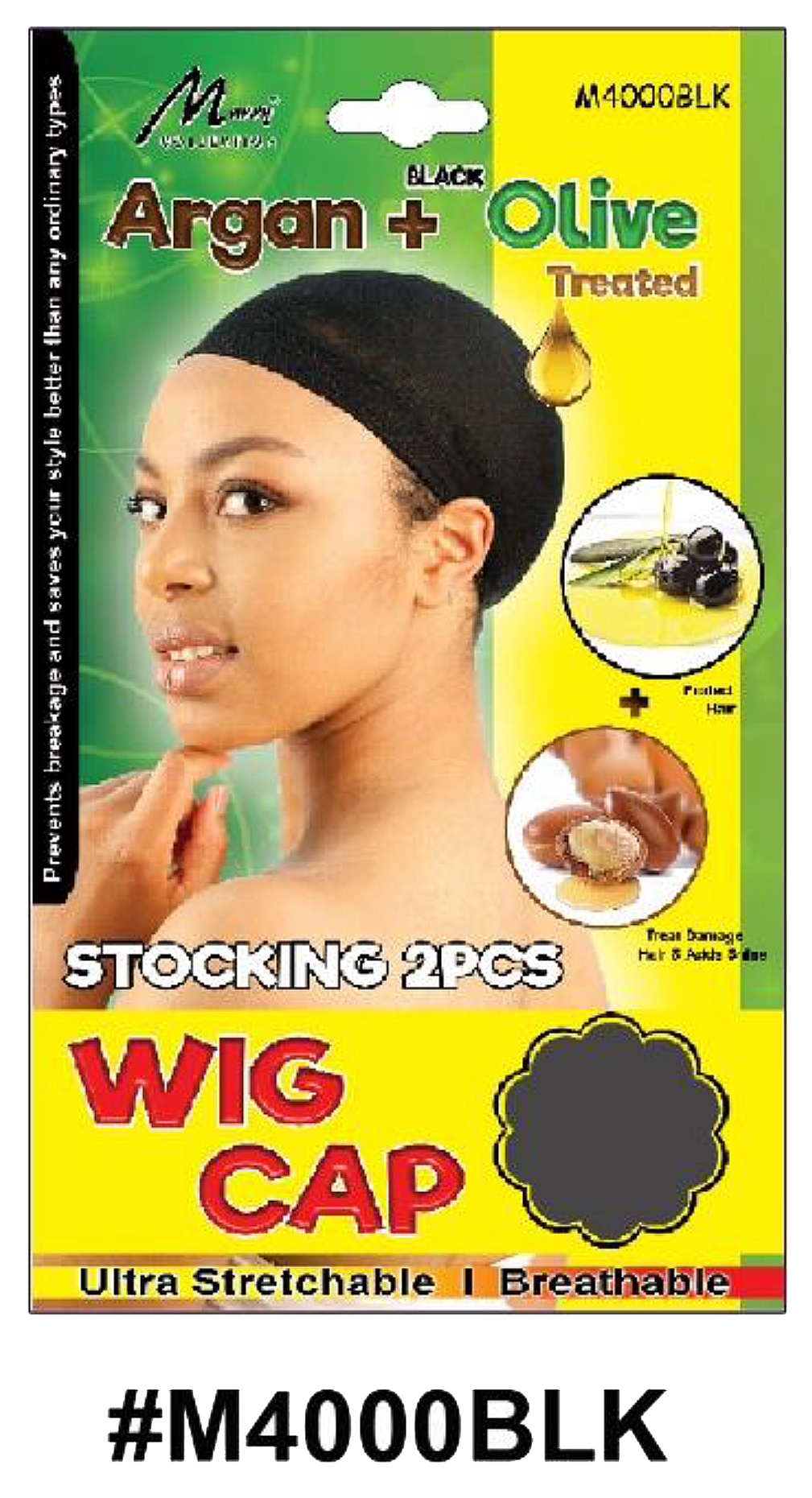 "Argan + Olive Treated Stocking Wig Cap - 2 Pieces in Black (#M4000BLK) - Ultra-Stretchable and Breathable."