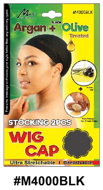 "Argan + Olive Treated Stocking Wig Cap - 2 Pieces in Black (#M4000BLK) - Ultra-Stretchable and Breathable."