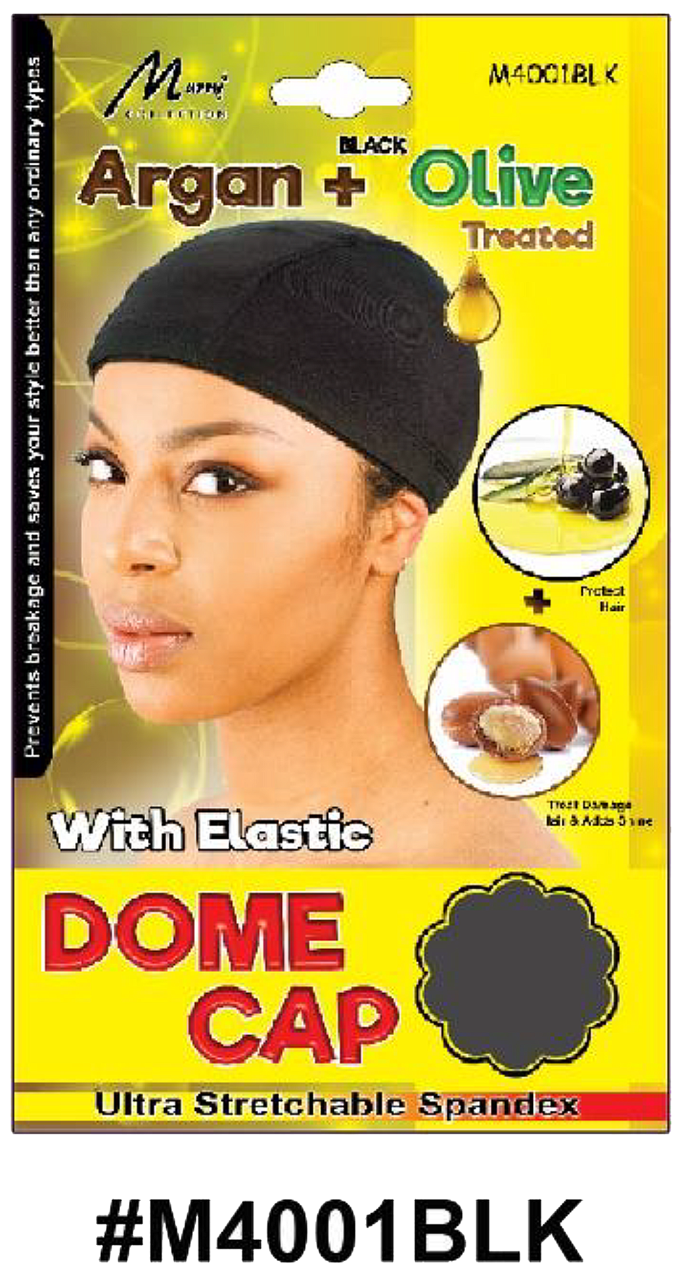 "Argan + Olive Treated Dome Cap in Black (#M4001BLK) - Elastic Band, Ultra-Stretchable Spandex, and Hair Protection."