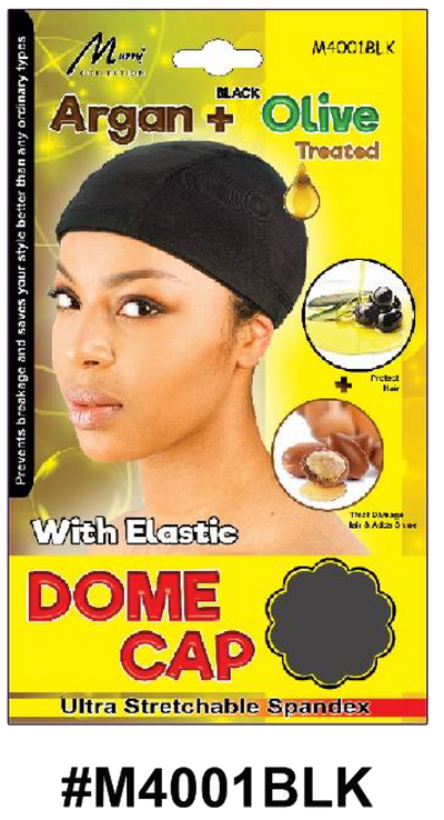"Argan + Olive Treated Dome Cap in Black (#M4001BLK) - Elastic Band, Ultra-Stretchable Spandex, and Hair Protection."