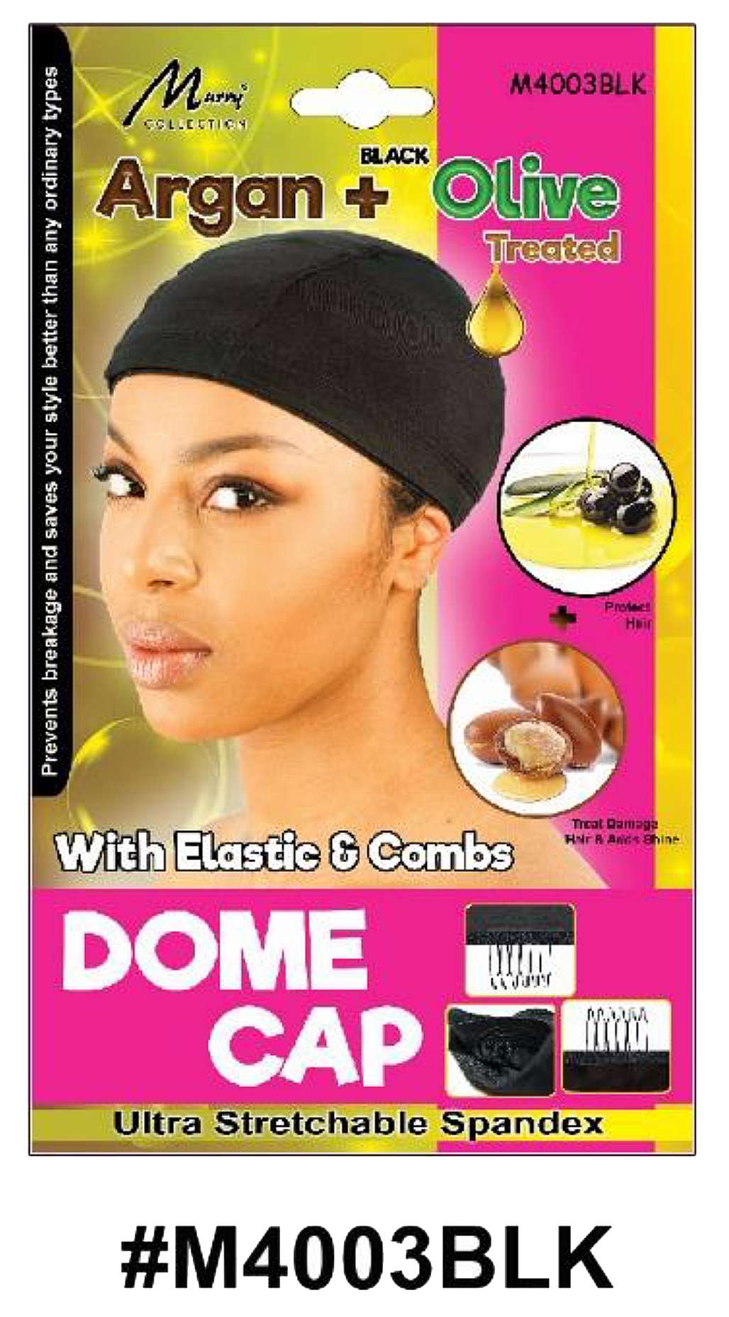 "Argan + Olive Treated Dome Cap with Elastic & Combs in Black (#M4003BLK) - Ultra-Stretchable Spandex and Hair Care Treatment."