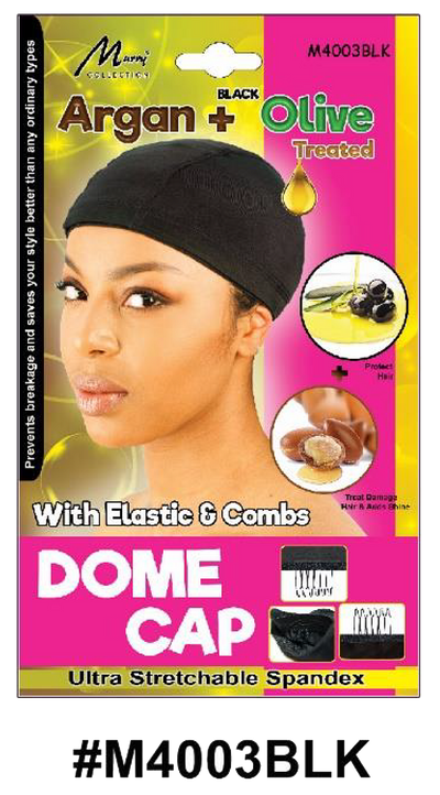"Argan + Olive Treated Dome Cap with Elastic & Combs in Black (#M4003BLK) - Ultra-Stretchable Spandex and Hair Care Treatment."