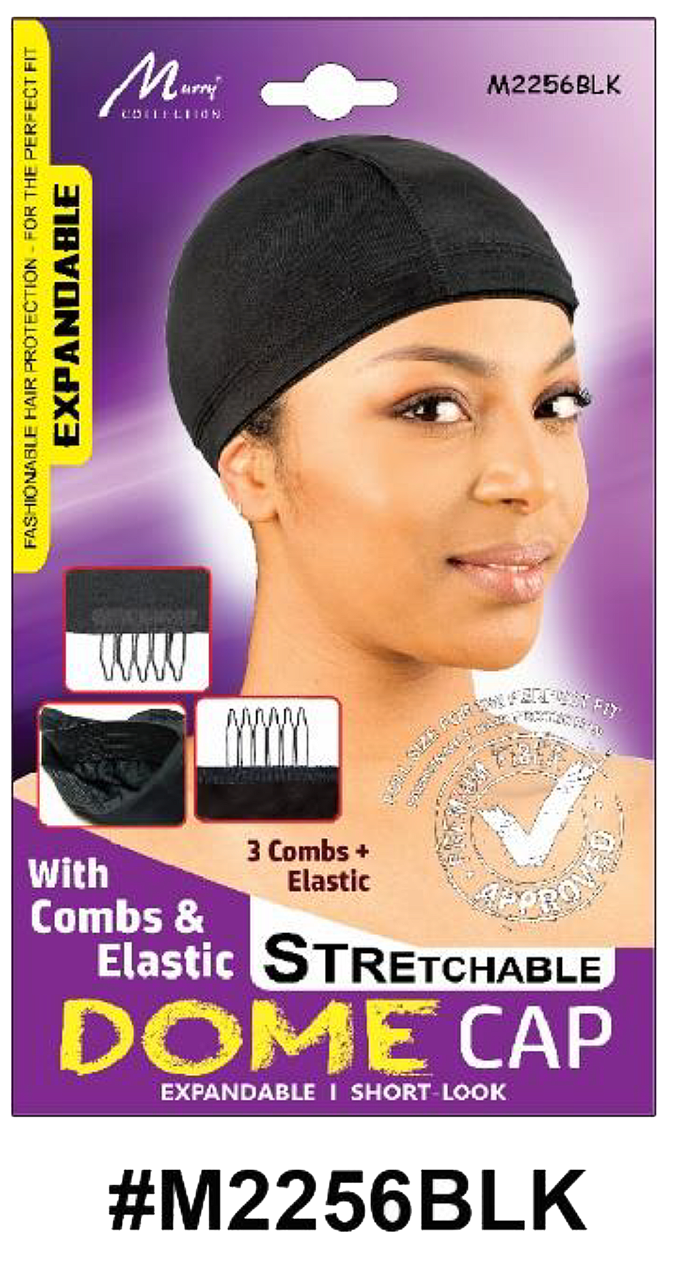 "Stretchable Dome Cap with Combs & Elastic - Black - #M2256BLK, designed with expandable fabric and built-in combs for secure placement."