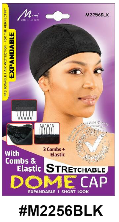 "Stretchable Dome Cap with Combs & Elastic - Black - #M2256BLK, designed with expandable fabric and built-in combs for secure placement."