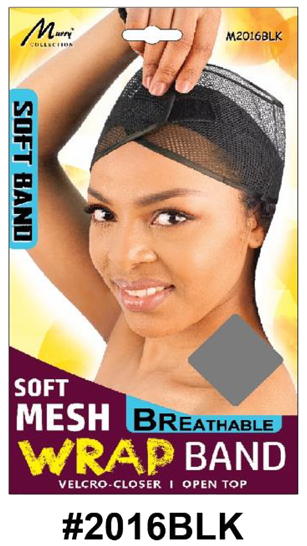 "Soft Mesh Wrap Band in Black (#2016BLK) with breathable fabric, Velcro closure, and open-top design for ultimate comfort and styling."