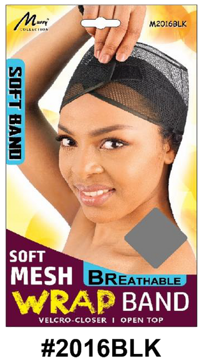 "Soft Mesh Wrap Band in Black (#2016BLK) with breathable fabric, Velcro closure, and open-top design for ultimate comfort and styling."