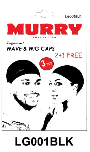 "Murry Collection Professional Wave & Wig Caps - Black - 2+1 Free, 3-Piece Pack."