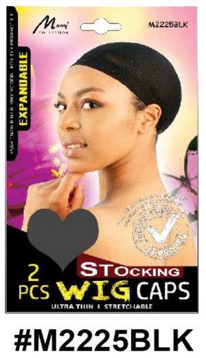 "Expandable Stocking Wig Cap in Black (#M2225BLK) with 2 pieces per pack for secure and comfortable fit."
