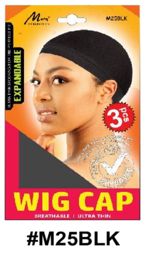 "Expandable Wig Cap - Black - 3 Pieces Pack - Breathable & Stretchable Design."