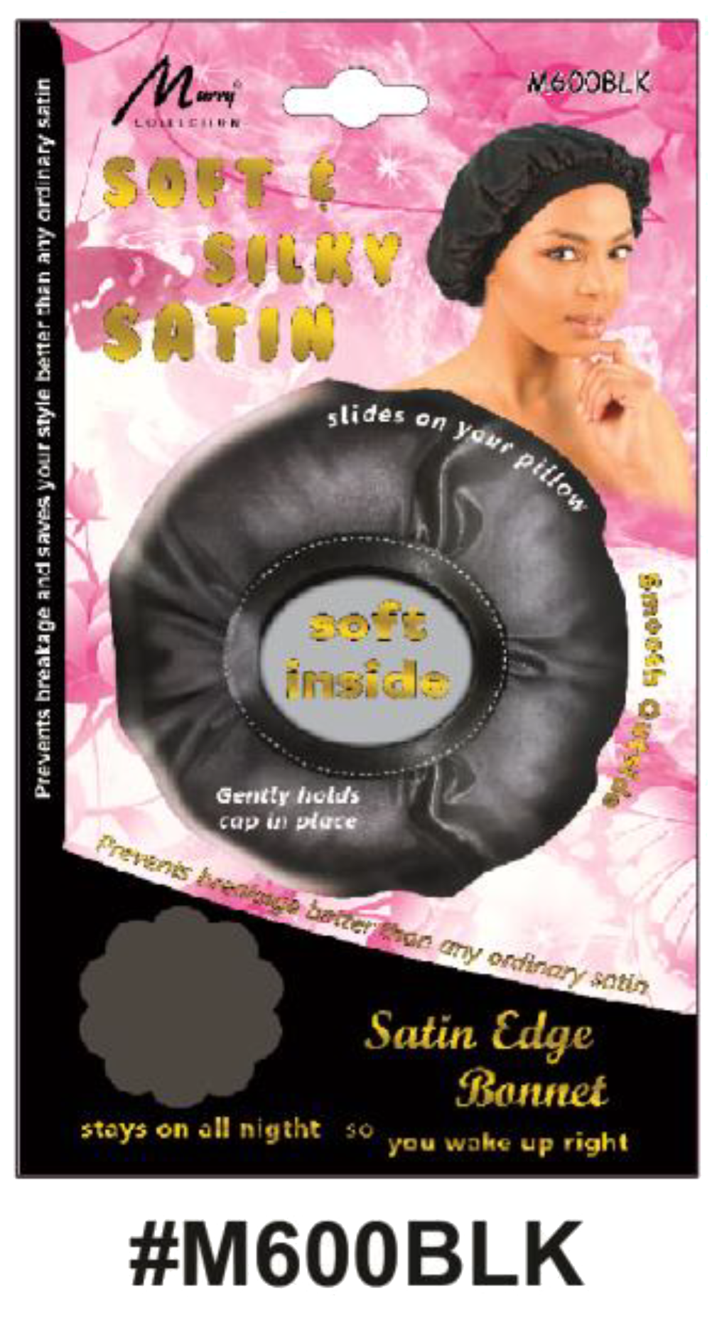 "Soft & Silky Satin Edge Bonnet (#M600BLK) in Black, Keeps Hair Secure Overnight."