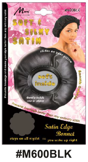 "Soft & Silky Satin Edge Bonnet (#M600BLK) in Black, Keeps Hair Secure Overnight."