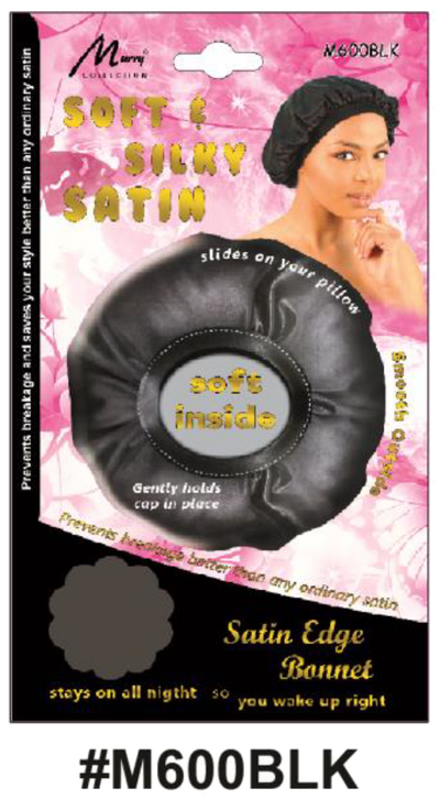 "Soft & Silky Satin Edge Bonnet (#M600BLK) in Black, Keeps Hair Secure Overnight."