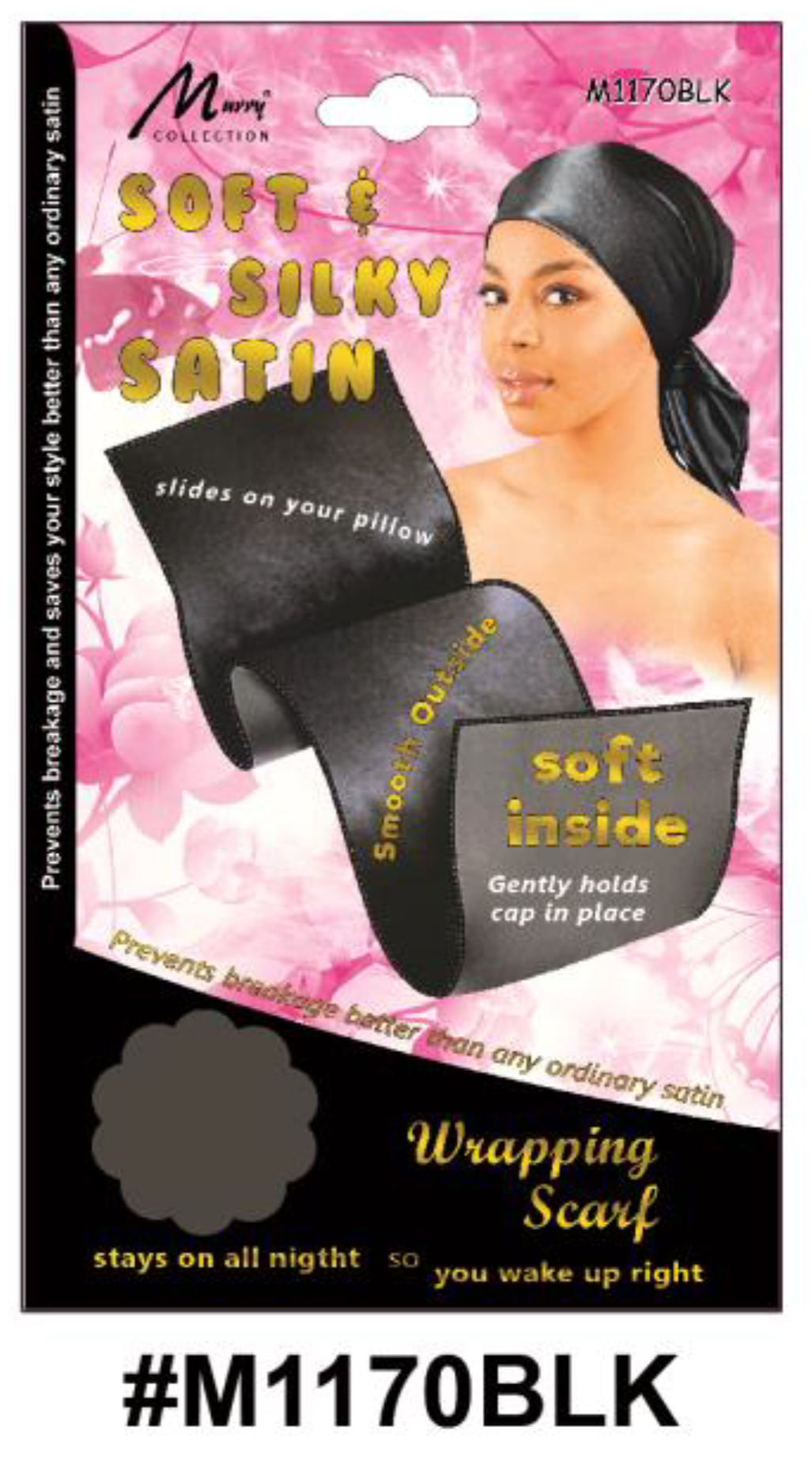 "Soft & Silky Satin Wrapping Scarf in Black (#M1170BLK) with Smooth Outside and Soft Inside for Hair Protection."