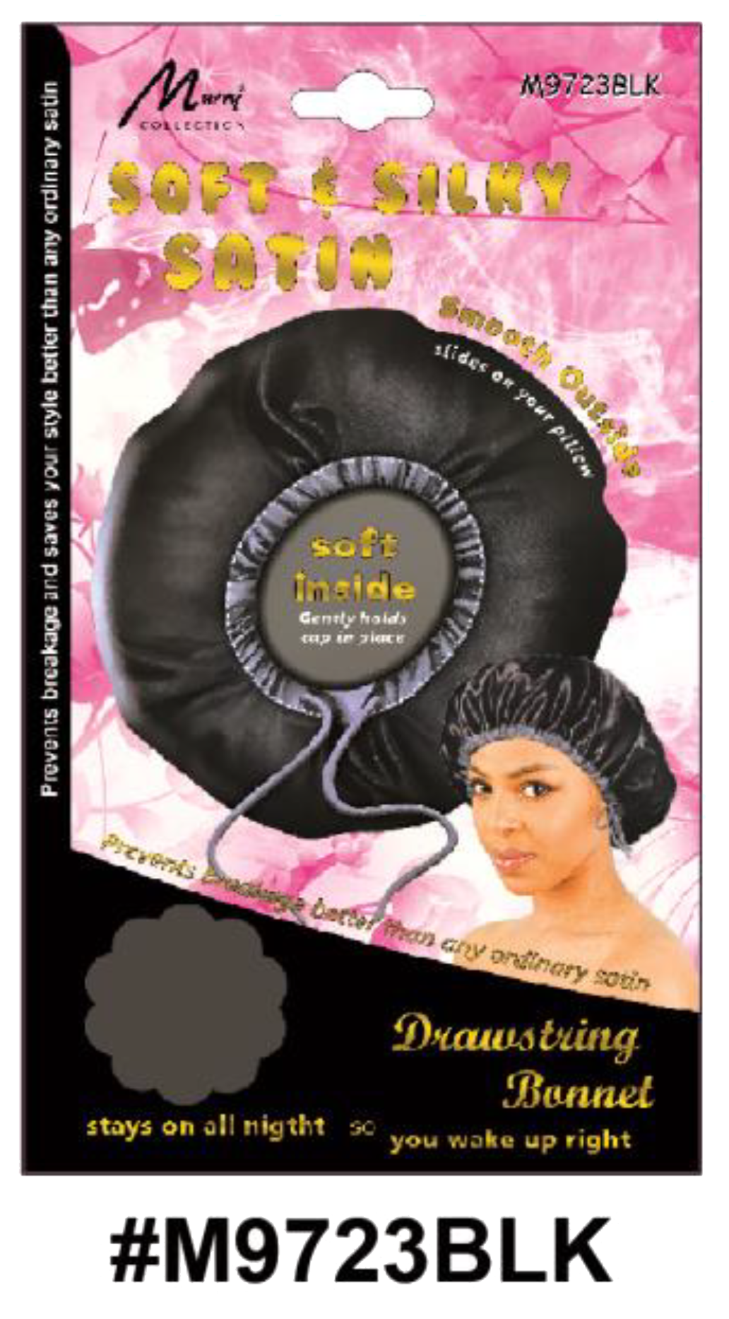 "Satin Drawstring Bonnet in Black (#M9723BLK) - Soft Inside, Smooth Outside, with Drawstring Closure."