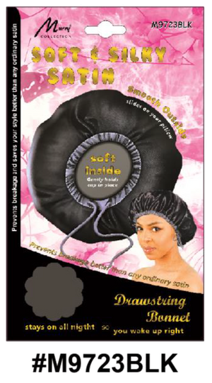 "Satin Drawstring Bonnet in Black (#M9723BLK) - Soft Inside, Smooth Outside, with Drawstring Closure."