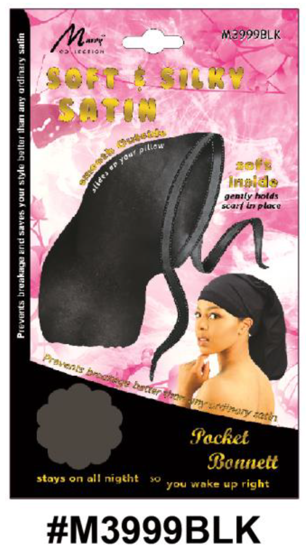"Satin Pocket Bonnet in Black (#M3999BLK) - Soft Inside, Smooth Outside, Perfect for Hair Protection."