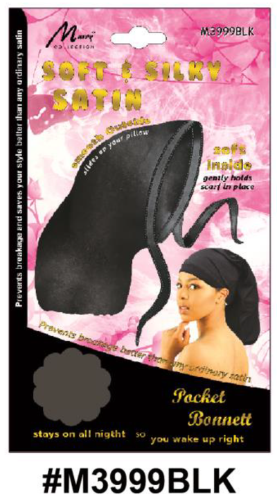 "Satin Pocket Bonnet in Black (#M3999BLK) - Soft Inside, Smooth Outside, Perfect for Hair Protection."