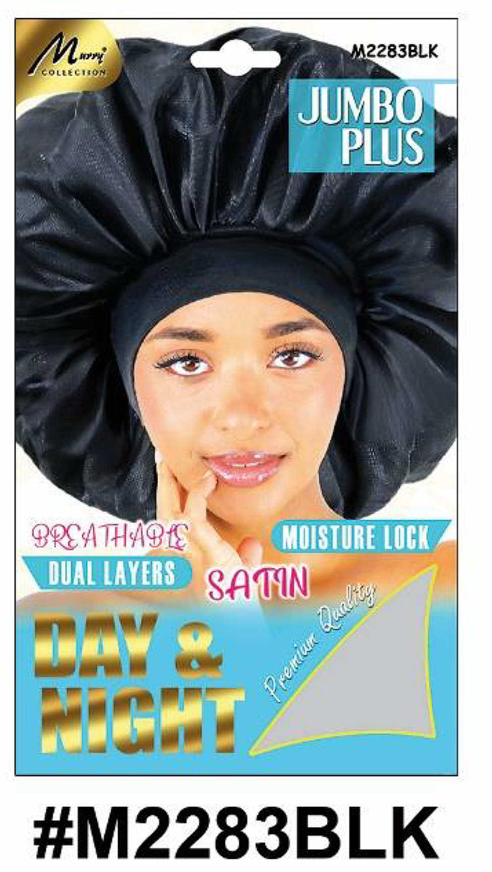 "Jumbo Plus Satin Bonnet in Black (#M2283BLK) - Dual Layer Design for Day & Night Use."