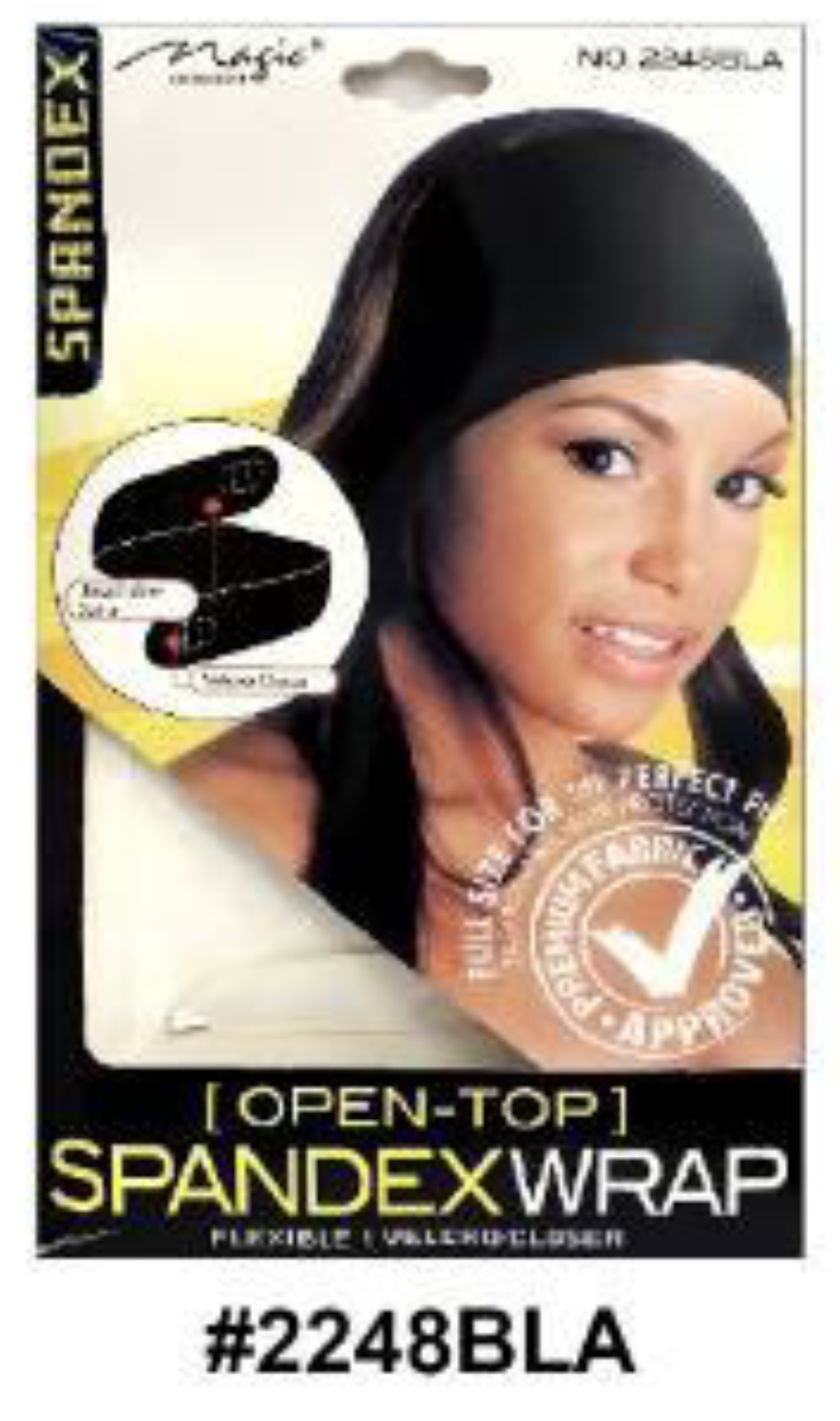 "Open-Top Spandex Wrap in Black - Flexible Velcro Closure - Breathable Hair Wrap."