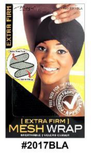 "Extra Firm Mesh Wrap Band in Black (#2017BLA) with Adjustable Velcro Closure and Breathable Texture."