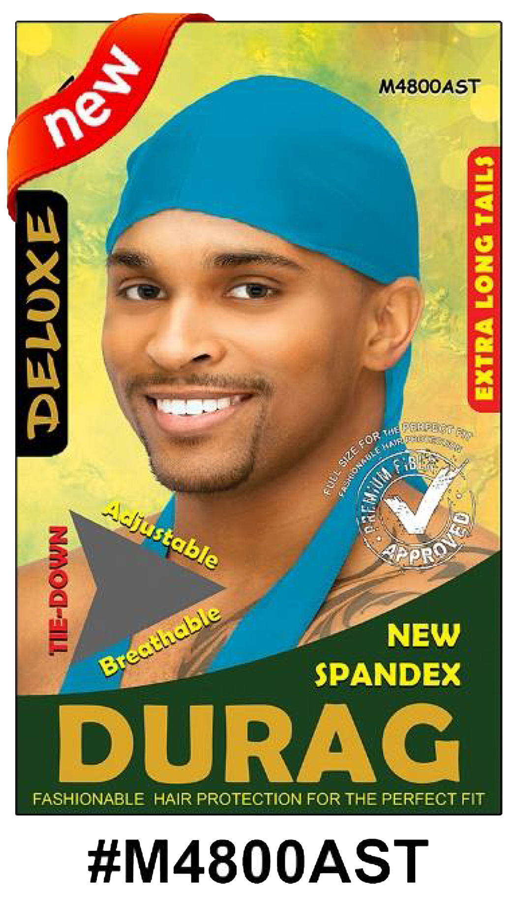"Deluxe Spandex Durag - Blue, adjustable, breathable, and wrinkle-free with extra long tails."

