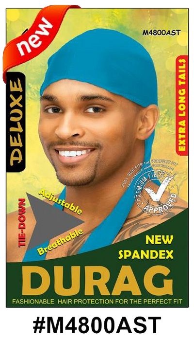 "Deluxe Spandex Durag - Blue, adjustable, breathable, and wrinkle-free with extra long tails."

