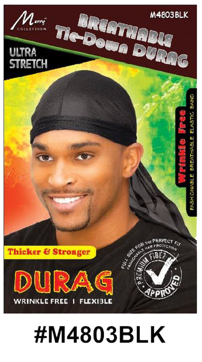 "Breathable Tie-Down Durag (M4803BLK) - Black, thicker and stronger with wrinkle-free fabric."

