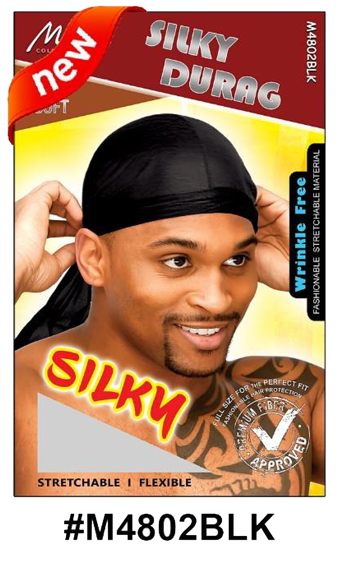"Silky Durag - Black, stretchable and wrinkle-free with a soft finish."