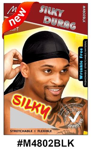 "Silky Durag - Black, stretchable and wrinkle-free with a soft finish."