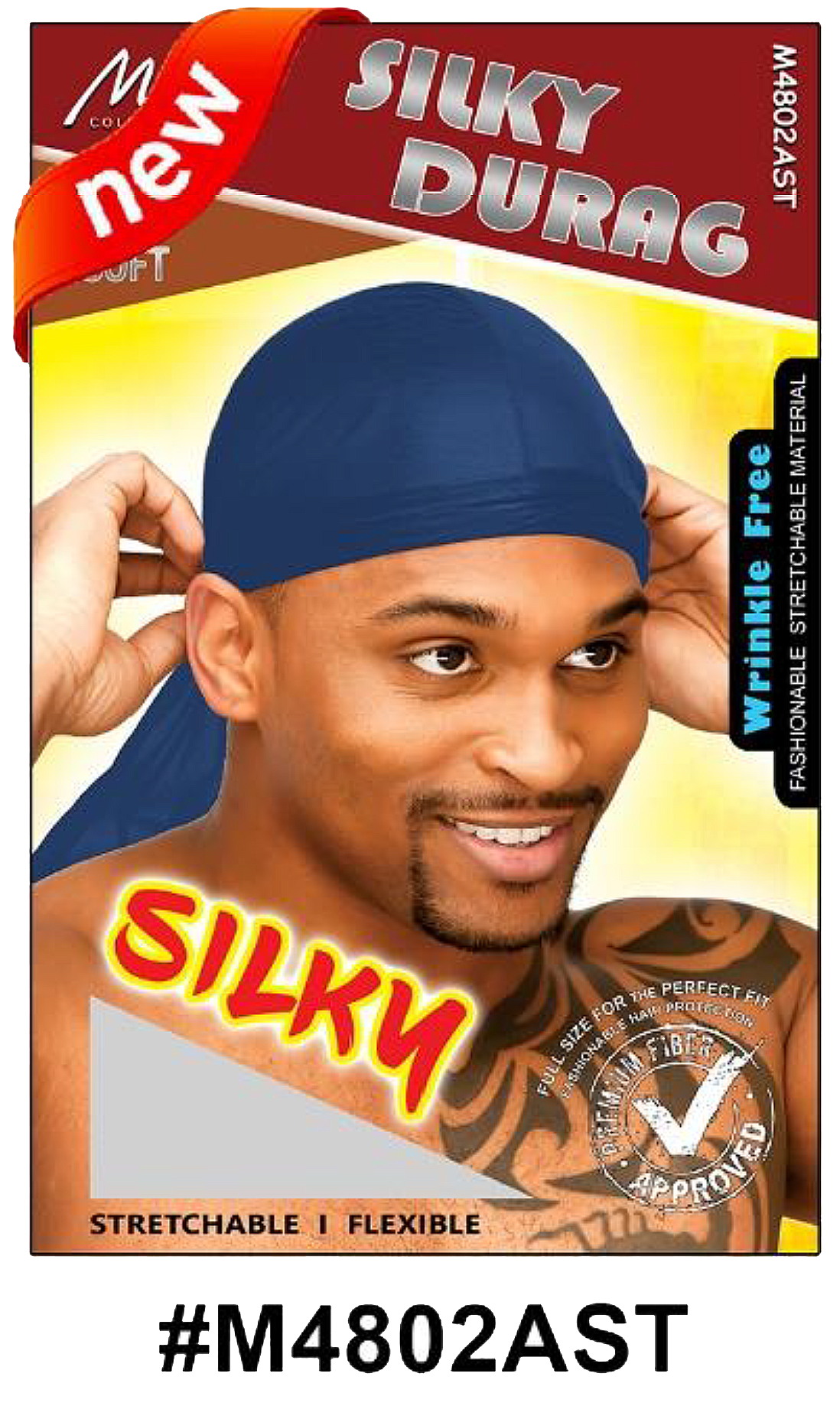 "Silky Durag - Blue, stretchable and wrinkle-free with a soft finish."
