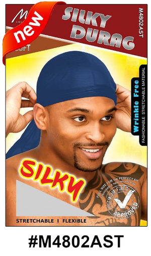 "Silky Durag - Blue, stretchable and wrinkle-free with a soft finish."