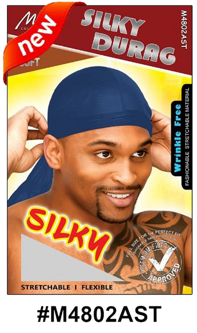"Silky Durag - Blue, stretchable and wrinkle-free with a soft finish."