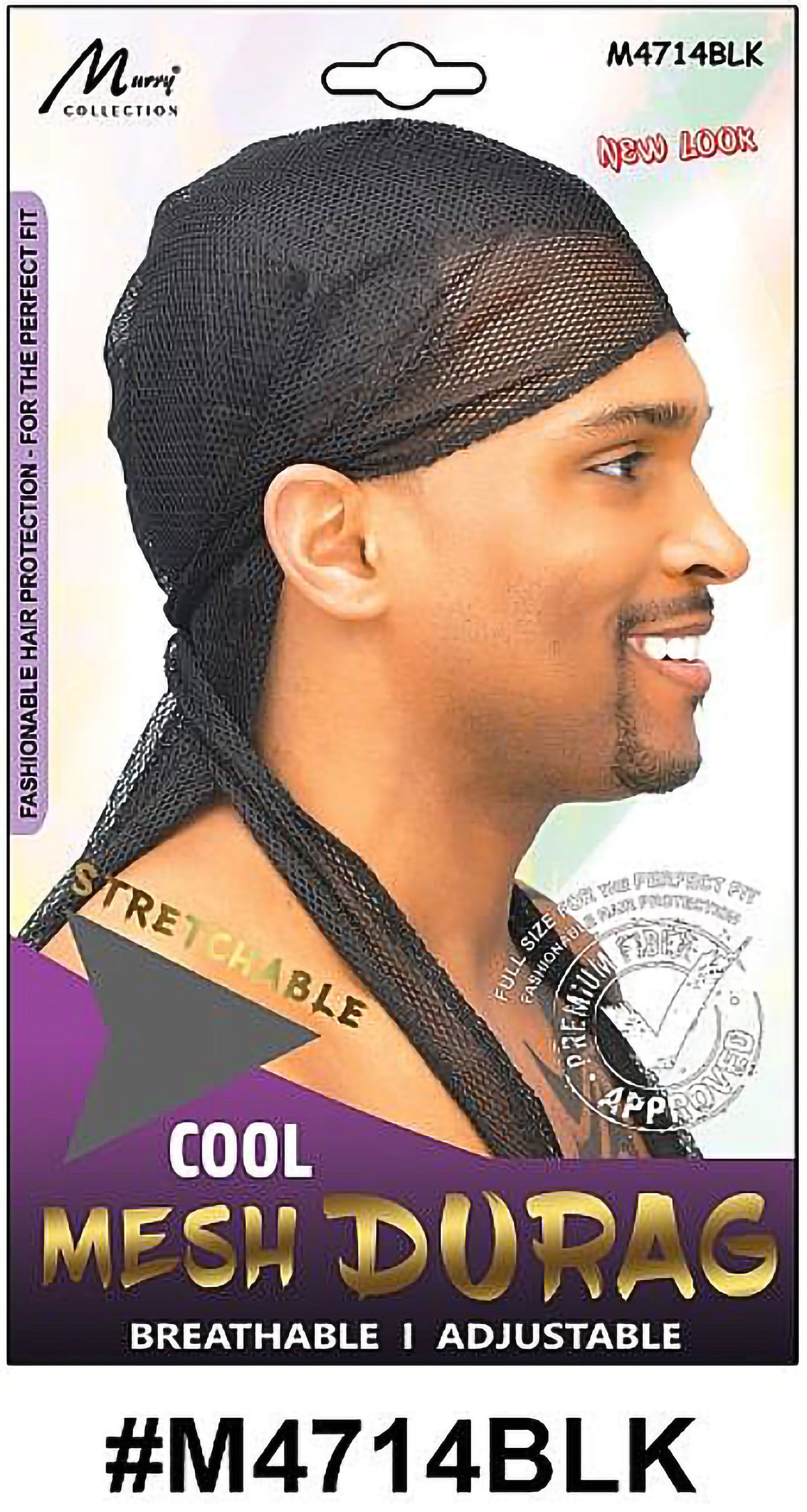 "Cool Mesh Durag (M4714BLK) - Black, breathable and stretchable with an adjustable fit."

