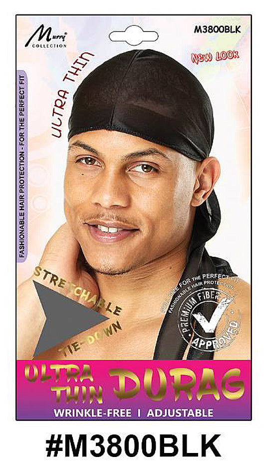 "Ultra Thin Durag (M3800BLK) - Black, lightweight and stretchable with adjustable fit."

