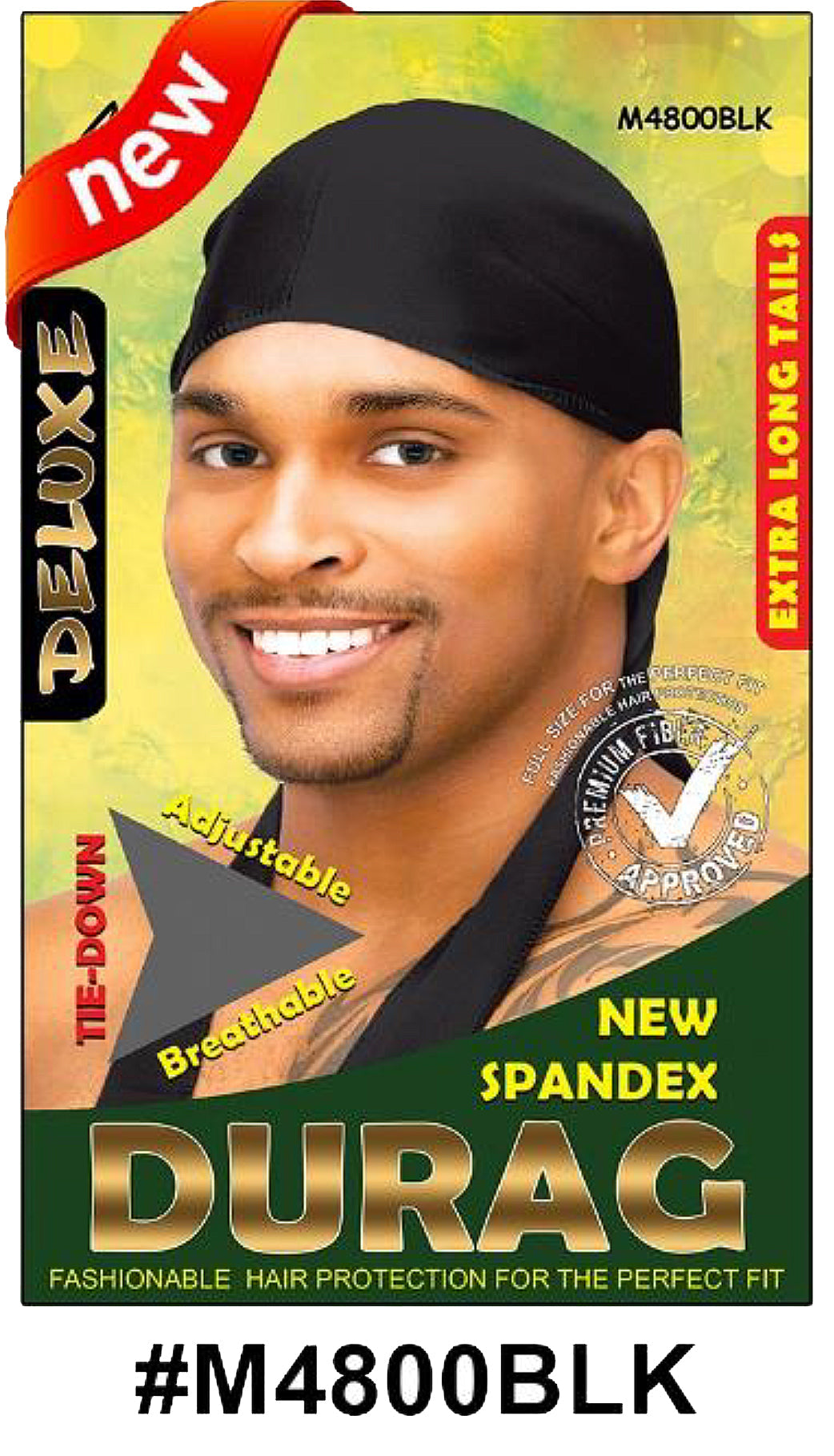 "Deluxe Spandex Durag (M4800BLK) - Black, adjustable with extra long tails for secure wrapping."

