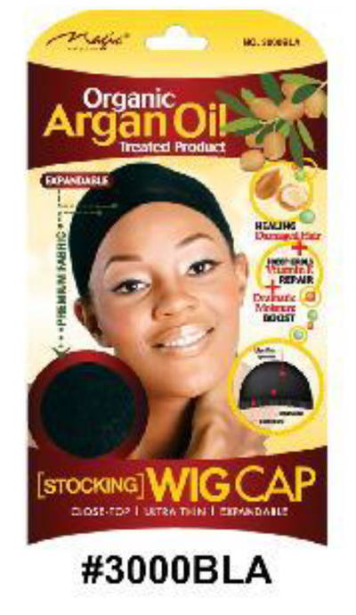 Alt Text: "Organic Argan Oil Treated Stocking Wig Cap - Black (#3000BLA) with Expandable Close-Top Design."